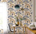 Wallpaper installed in a room showing its full pattern, color