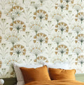 Wallpaper installed in a room showing its full pattern, color