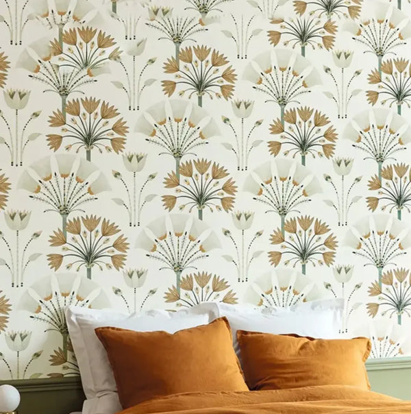 Wallpaper installed in a room showing its full pattern, color