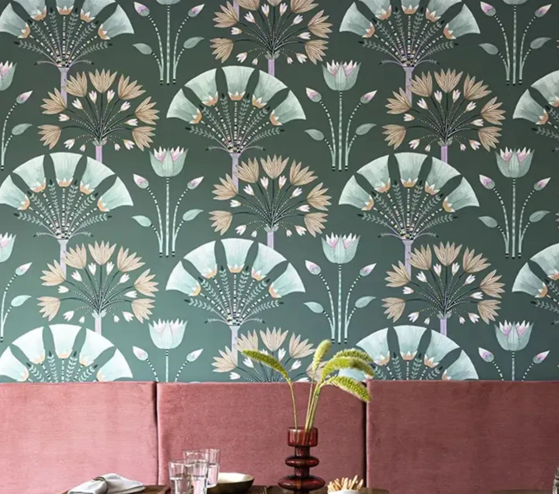 Closeup of a wallpaper showing its Art-Deco, Contemporary pattern, color, and subtle texture.