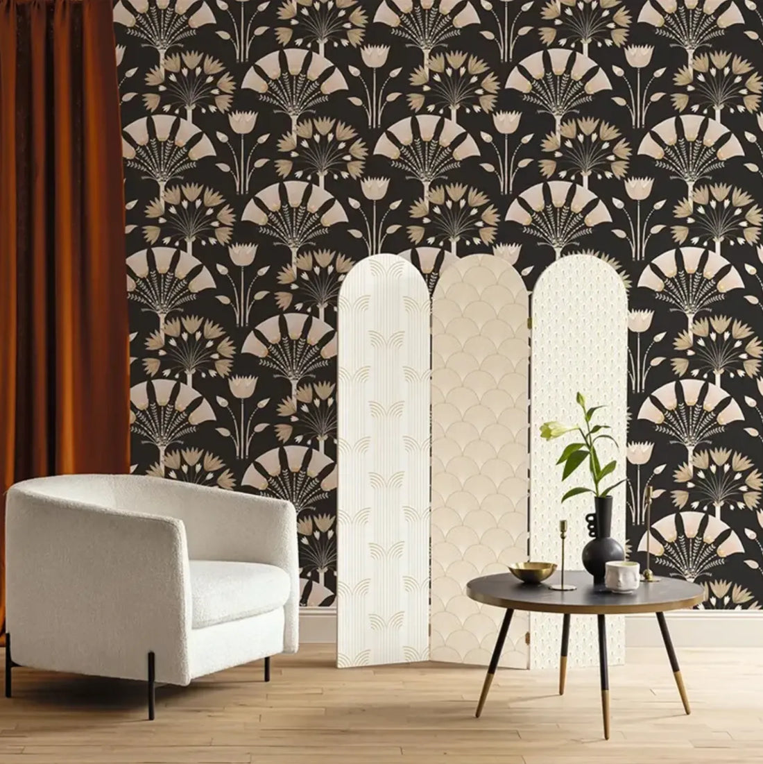 Closeup of a wallpaper showing its Art-Deco, Contemporary, Two-tone pattern, color, and subtle texture.