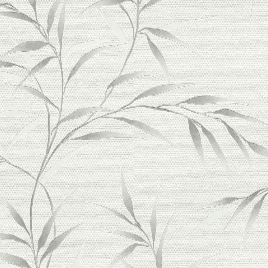 Decorative wallpaper with leaf pattern on a light gray background