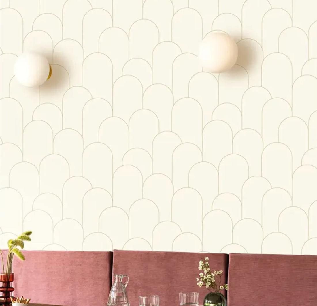 Closeup of a wallpaper showing its Art-Deco, Contemporary, Neutrals, Two-tone pattern, color, and subtle texture.