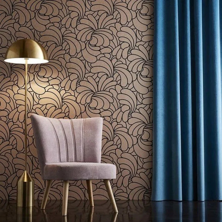 Wallpaper installed in a room showing its full pattern, color