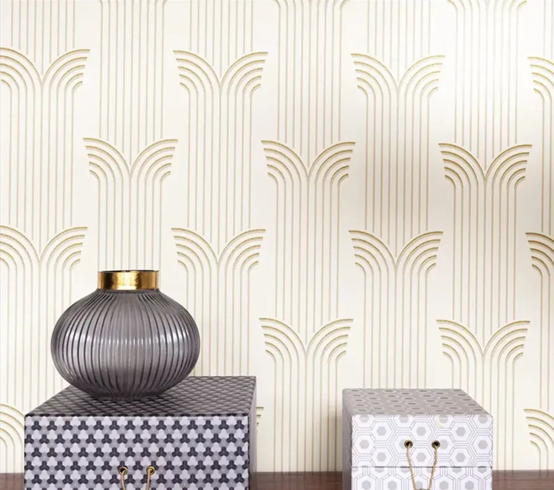 Closeup of a wallpaper showing its Art-Deco, Contemporary, Neutrals pattern, color, and subtle texture.