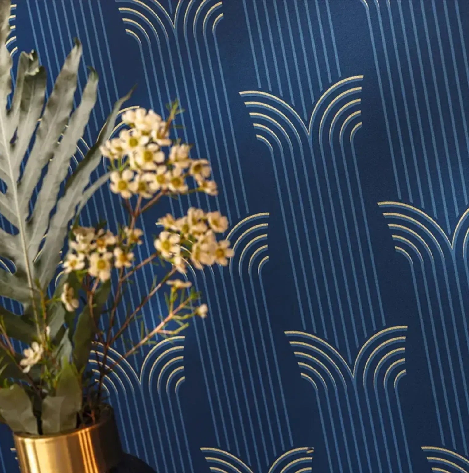 Wallpaper installed in a room showing its full pattern, color