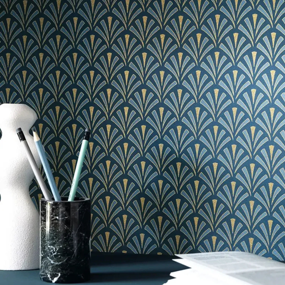 Closeup of a wallpaper showing its Art-Deco, Contemporary pattern, color, and subtle texture.