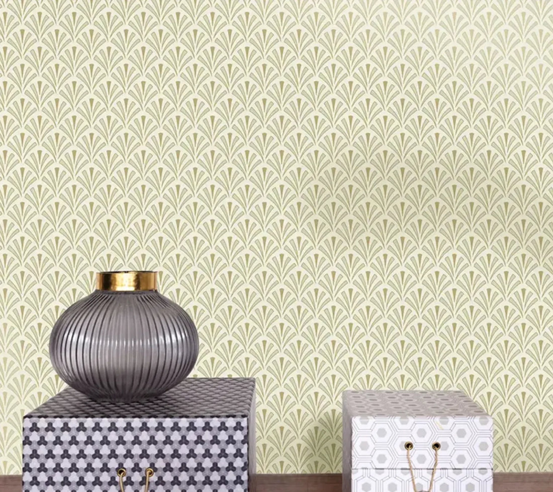 Closeup of a wallpaper showing its Art-Deco, Contemporary, Neutrals pattern, color, and subtle texture.