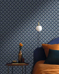 Wallpaper installed in a room showing its full pattern, color