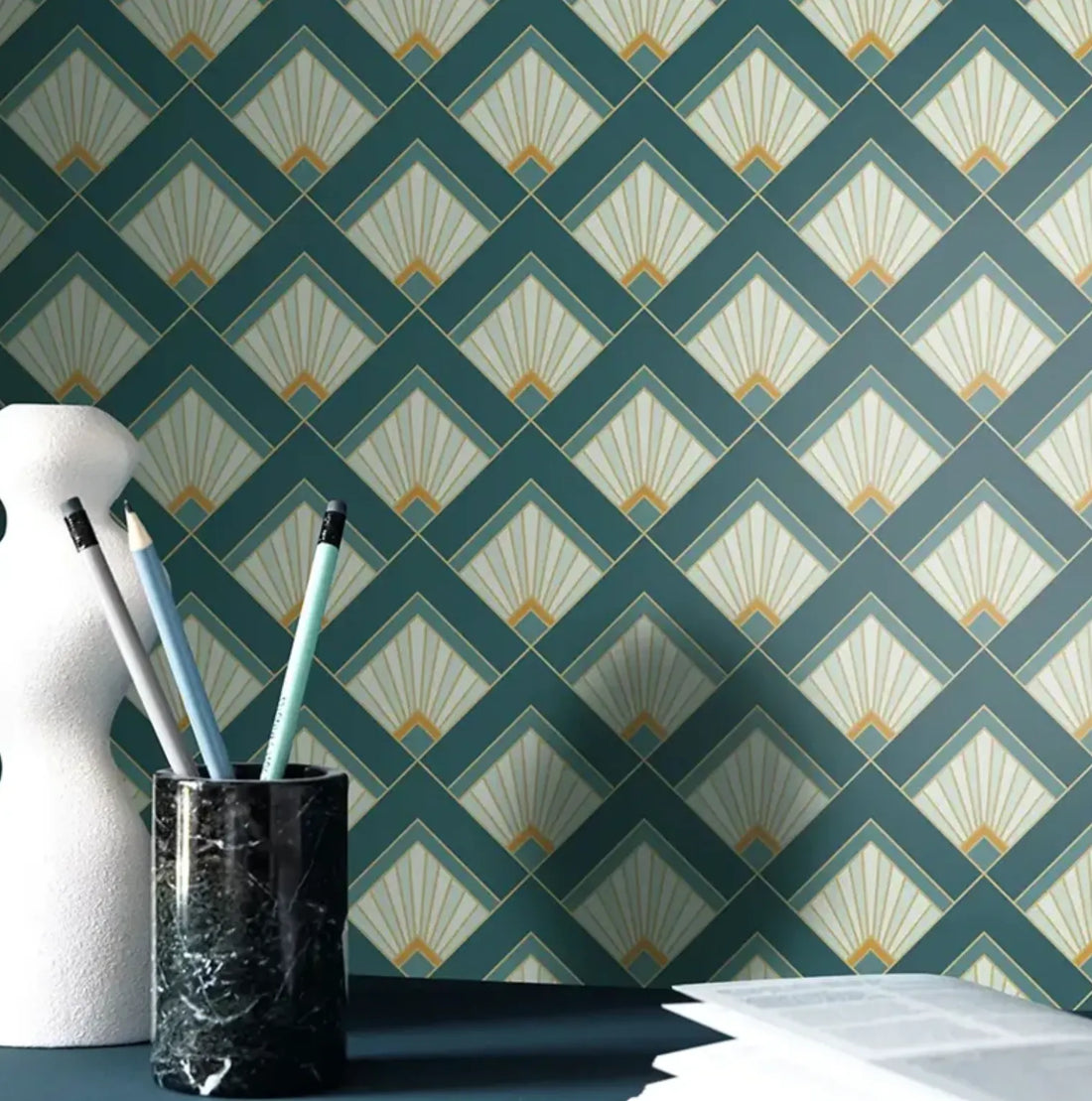 Closeup of a wallpaper showing its Art-Deco, Contemporary, Geometric pattern, color, and subtle texture.