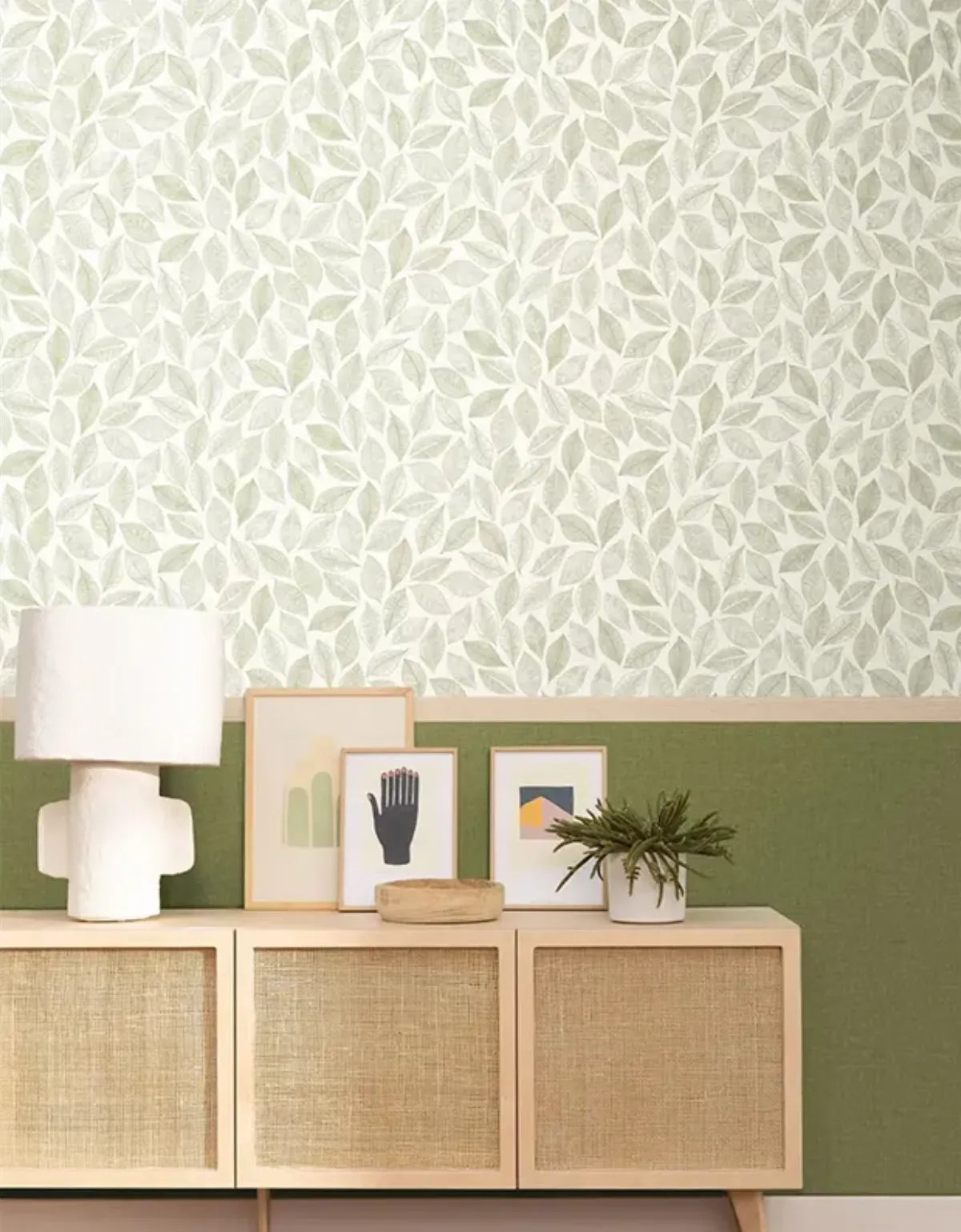 Wallpaper installed in a room showing its full pattern, color