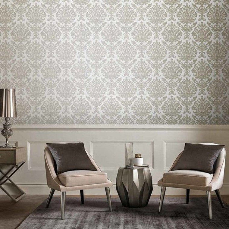 Closeup of a wallpaper showing its Damask, Gold, Neutrals, Two-tone pattern, color, and subtle texture.