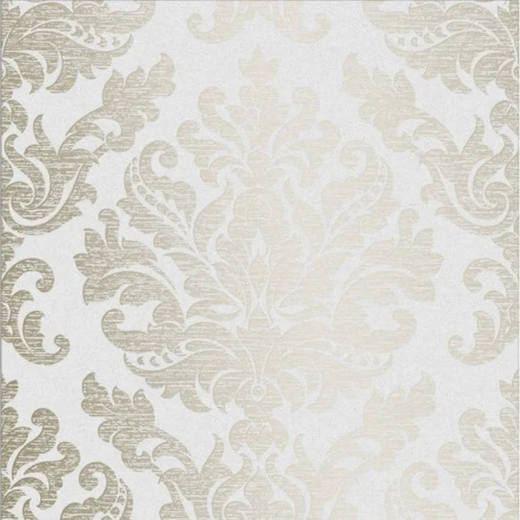 Closeup of a wallpaper showing its Damask, Gold, Neutrals, Two-tone pattern, color, and subtle texture.