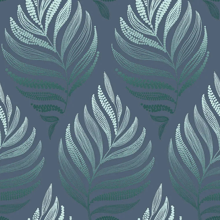 Closeup of a wallpaper showing its Blue, Contemporary, Floral, Green, Nature pattern, color, and subtle texture.