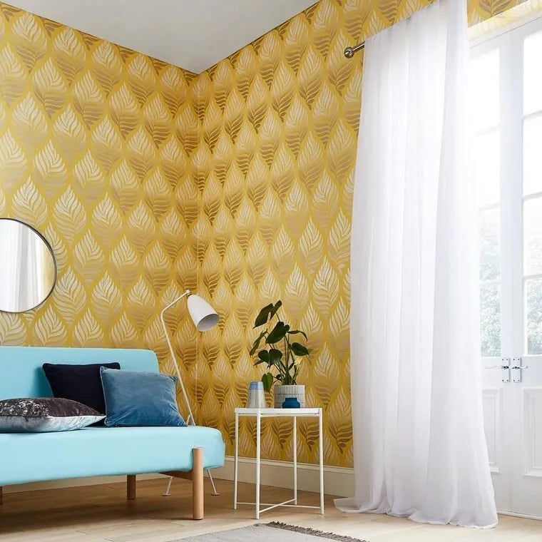 Wallpaper installed in a room showing its full pattern, color