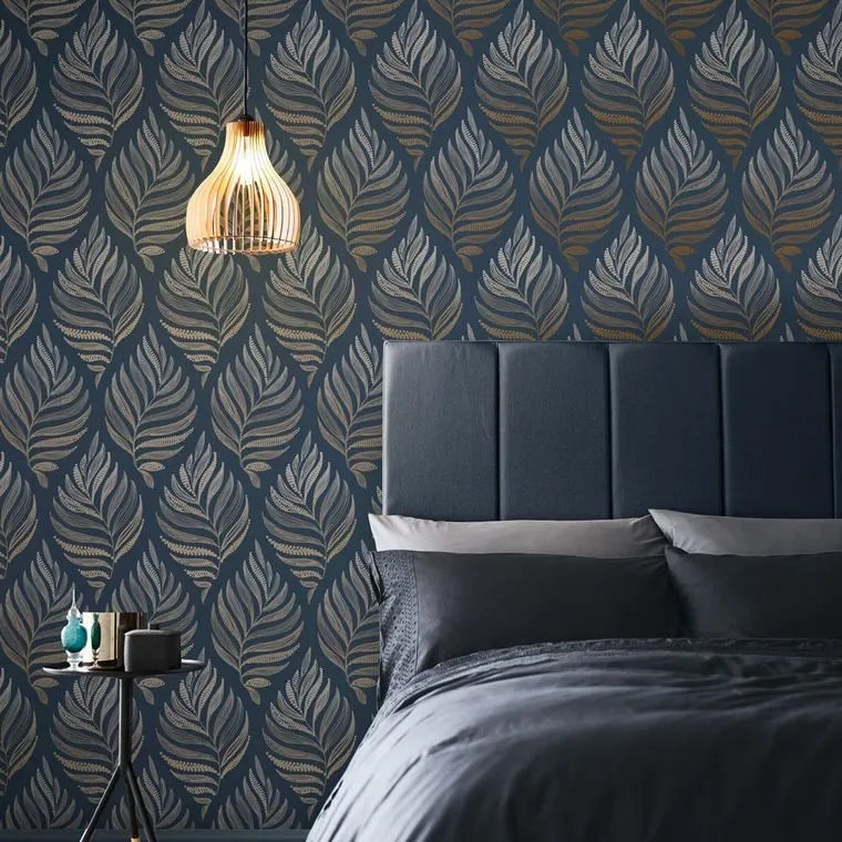 Closeup of a wallpaper showing its Blue, Contemporary, Floral, Gold, Nature pattern, color, and subtle texture.