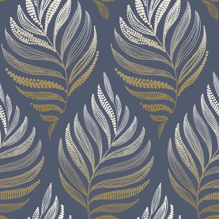 Closeup of a wallpaper showing its Blue, Contemporary, Floral, Gold, Nature pattern, color, and subtle texture.