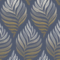 Closeup of a wallpaper showing its Blue, Contemporary, Floral, Gold, Nature pattern, color, and subtle texture.