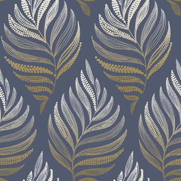 Closeup of a wallpaper showing its Blue, Contemporary, Floral, Gold, Nature pattern, color, and subtle texture.