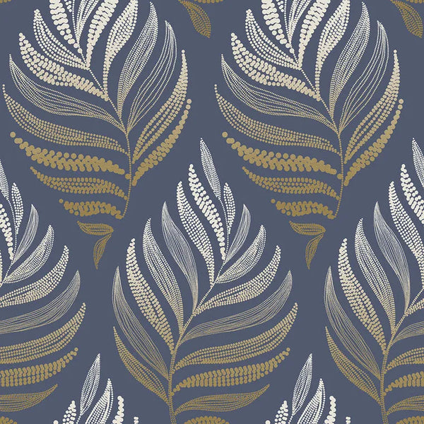 Closeup of a wallpaper showing its Blue, Contemporary, Floral, Gold, Nature pattern, color, and subtle texture.