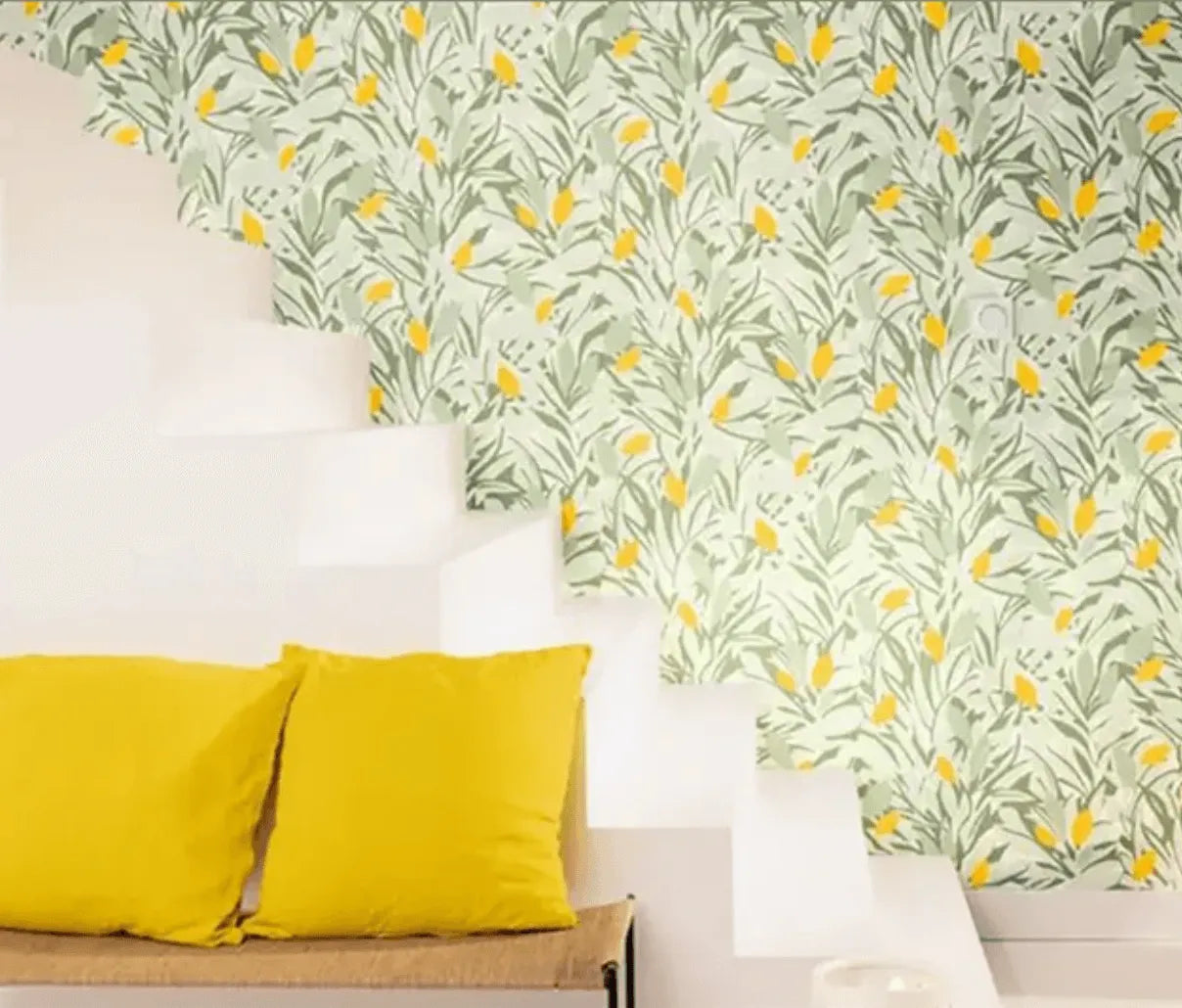 Wallpaper installed in a room showing its full pattern, color