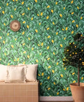 Wallpaper installed in a room showing its full pattern, color