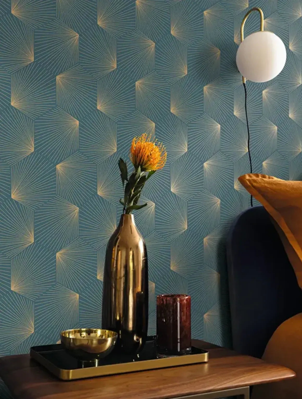 Wallpaper installed in a room showing its full pattern, color