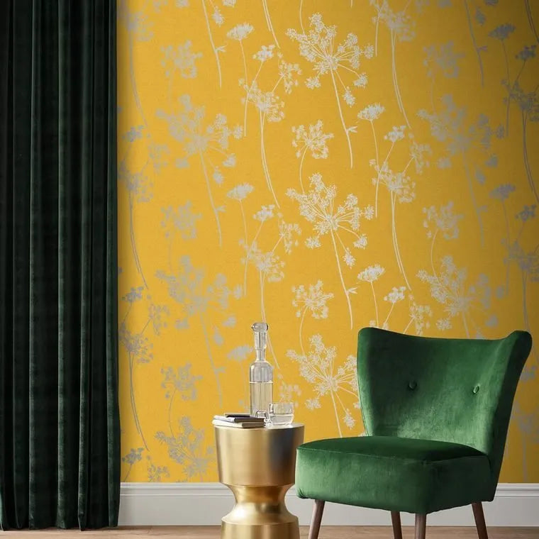 Closeup of a wallpaper showing its Floral, Nature, Sun-Kissed, Two-tone, Yellow pattern, color, and subtle texture.