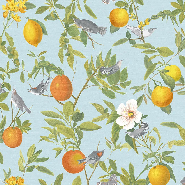 Closeup of a wallpaper showing its Birds, Blue, Floral, Mediterranean, Multicolour, Nature, Sun-Kissed, Yellow pattern, color, and subtle texture.