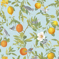 Closeup of a wallpaper showing its Birds, Blue, Floral, Mediterranean, Multicolour, Nature, Sun-Kissed, Yellow pattern, color, and subtle texture.