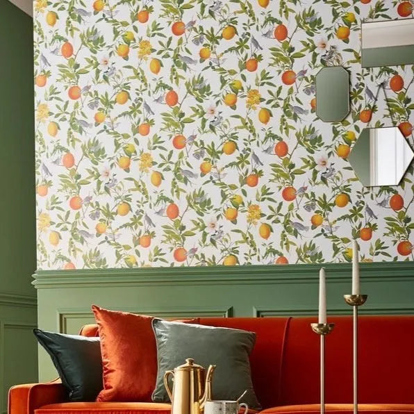 Wallpaper installed in a room showing its full pattern, color