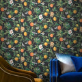 Wallpaper installed in a room showing its full pattern, color