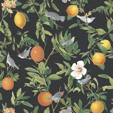 Closeup of a wallpaper showing its Birds, Black, Floral, Mediterranean, Multicolour, Nature, Yellow pattern, color, and subtle texture.