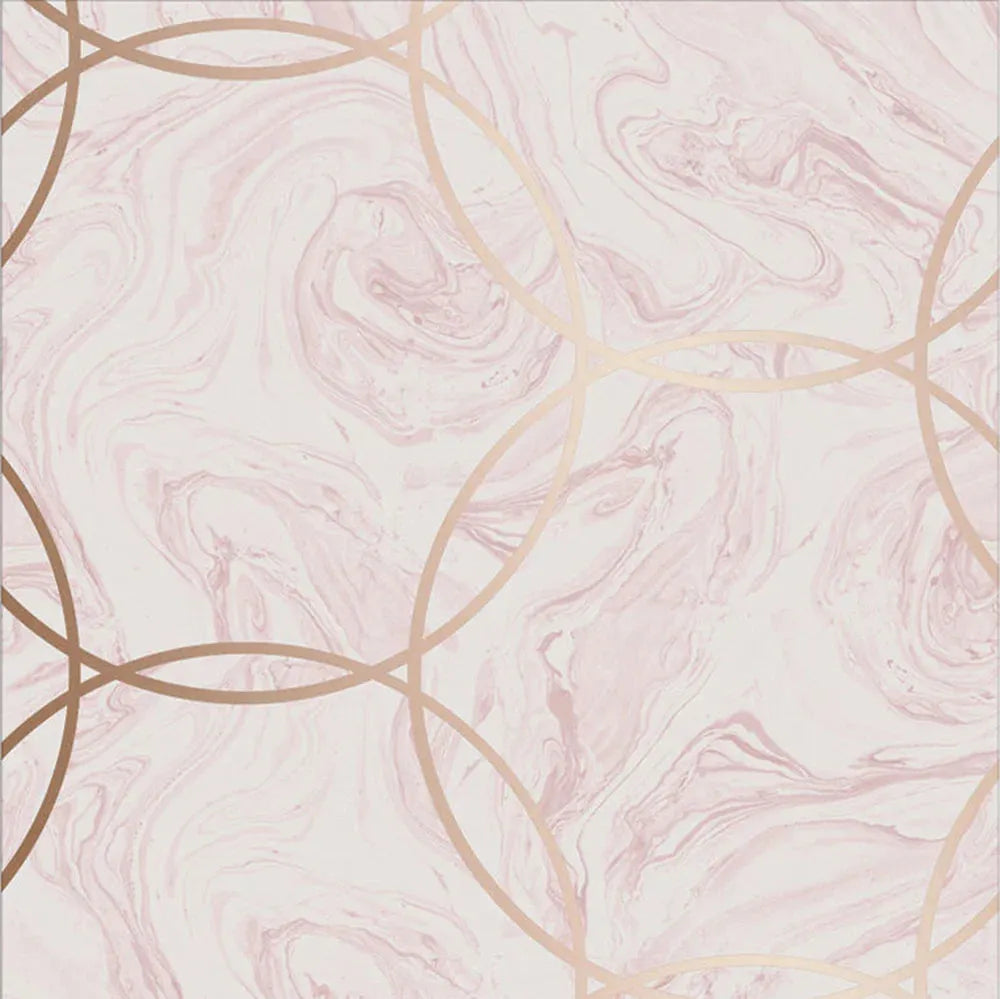 Closeup of a wallpaper showing its Circles, Contemporary, Geometric, Metallic, Pink, Two-tone pattern, color, and subtle texture.