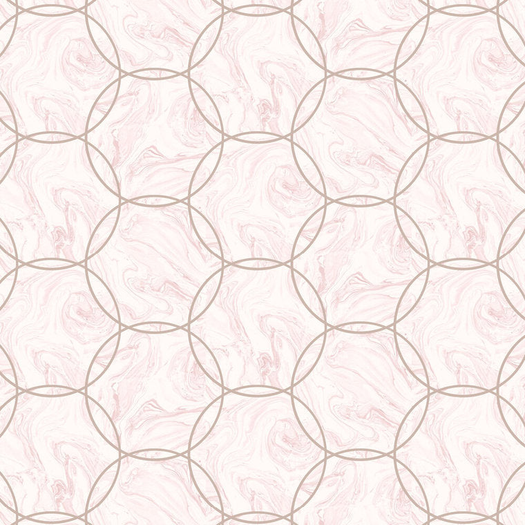 Closeup of a wallpaper showing its Circles, Contemporary, Geometric, Metallic, Pink, Two-tone pattern, color, and subtle texture.