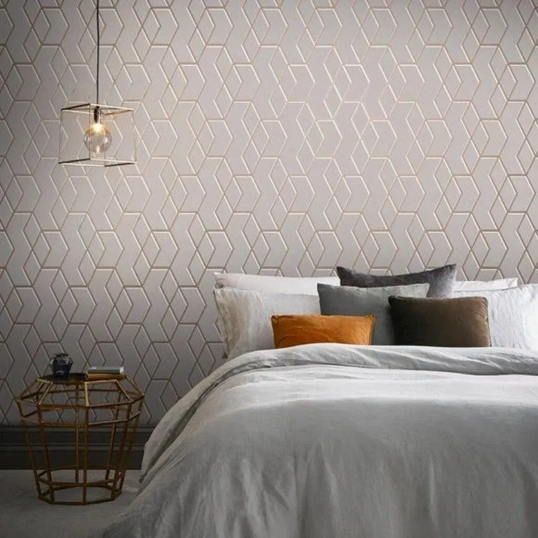 Closeup of a wallpaper showing its Contemporary, Geometric, Grey, Metallic, Neutrals, Two-tone pattern, color, and subtle texture.