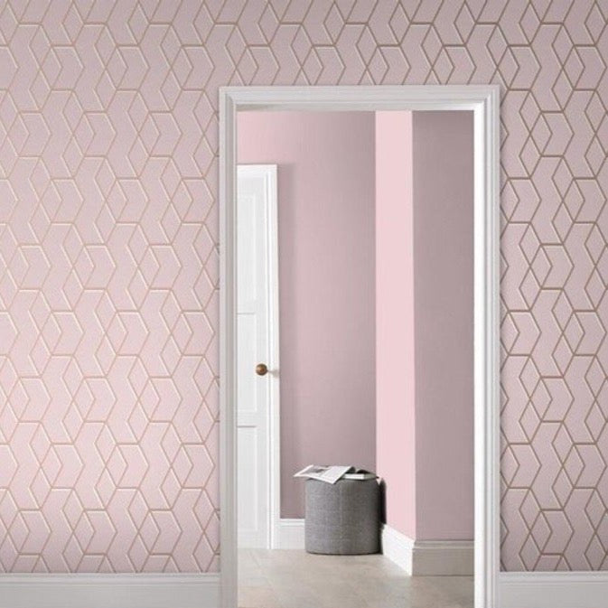 Closeup of a wallpaper showing its Contemporary, Geometric, Gold, Metallic, Pink, Two-tone pattern, color, and subtle texture.