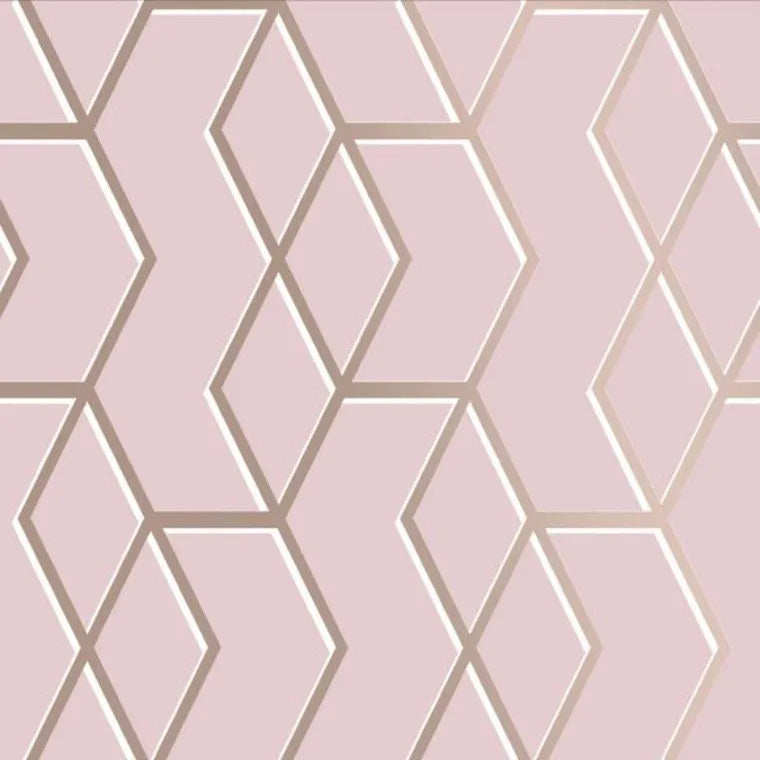 Closeup of a wallpaper showing its Contemporary, Geometric, Gold, Metallic, Pink, Two-tone pattern, color, and subtle texture.