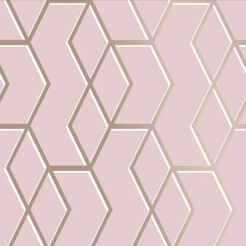 Closeup of a wallpaper showing its Contemporary, Geometric, Gold, Metallic, Pink, Two-tone pattern, color, and subtle texture.