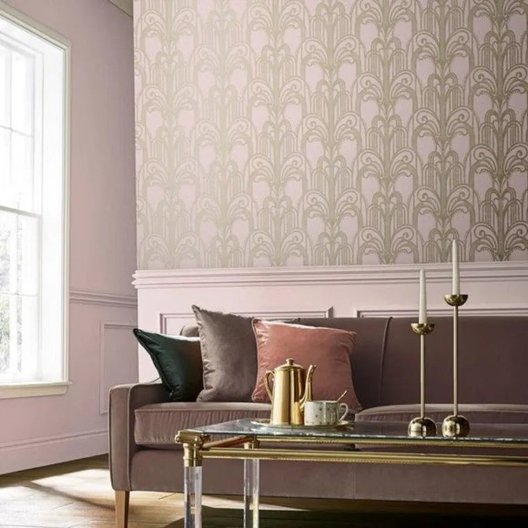 Closeup of a wallpaper showing its Art-Deco, Damask, Gold, Pink, Two-tone pattern, color, and subtle texture.