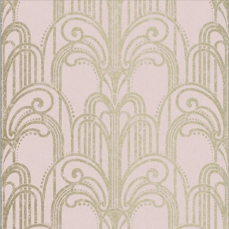 Closeup of a wallpaper showing its Art-Deco, Damask, Gold, Pink, Two-tone pattern, color, and subtle texture.