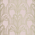 Closeup of a wallpaper showing its Art-Deco, Damask, Gold, Pink, Two-tone pattern, color, and subtle texture.