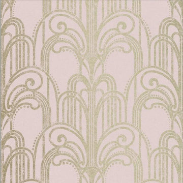 Closeup of a wallpaper showing its Art-Deco, Damask, Gold, Pink, Two-tone pattern, color, and subtle texture.