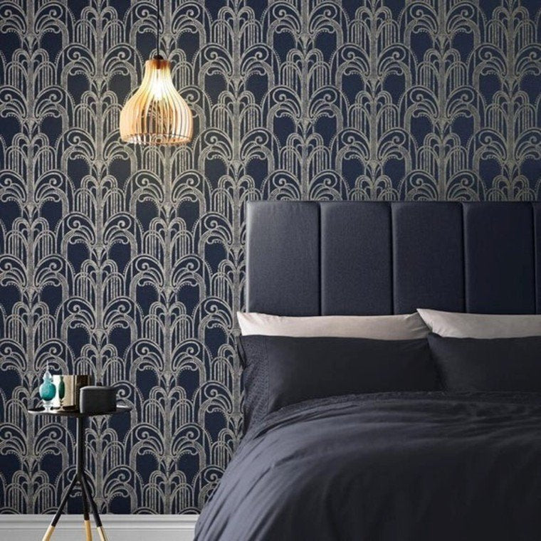 Wallpaper installed in a room showing its full pattern, color