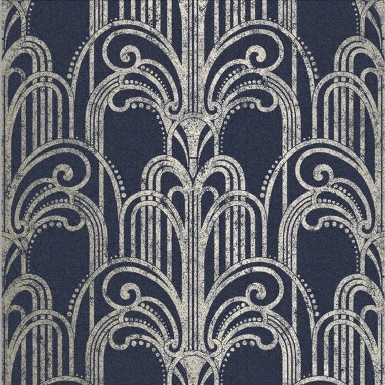 Closeup of a wallpaper showing its Art-Deco, Black, Damask, Two-tone pattern, color, and subtle texture.