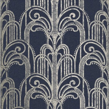 Closeup of a wallpaper showing its Art-Deco, Black, Damask, Two-tone pattern, color, and subtle texture.