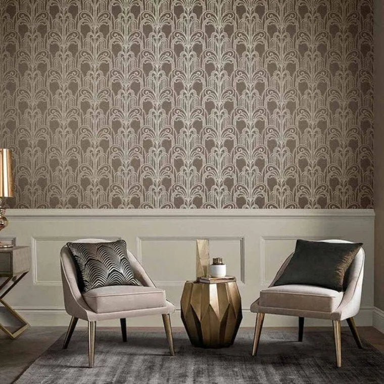 Closeup of a wallpaper showing its Art-Deco, Damask, Taupe, Two-tone pattern, color, and subtle texture.