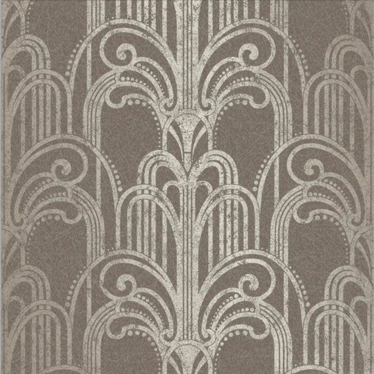 Closeup of a wallpaper showing its Art-Deco, Damask, Taupe, Two-tone pattern, color, and subtle texture.