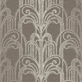 Closeup of a wallpaper showing its Art-Deco, Damask, Taupe, Two-tone pattern, color, and subtle texture.