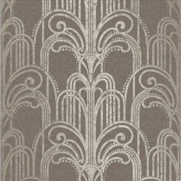 Closeup of a wallpaper showing its Art-Deco, Damask, Taupe, Two-tone pattern, color, and subtle texture.